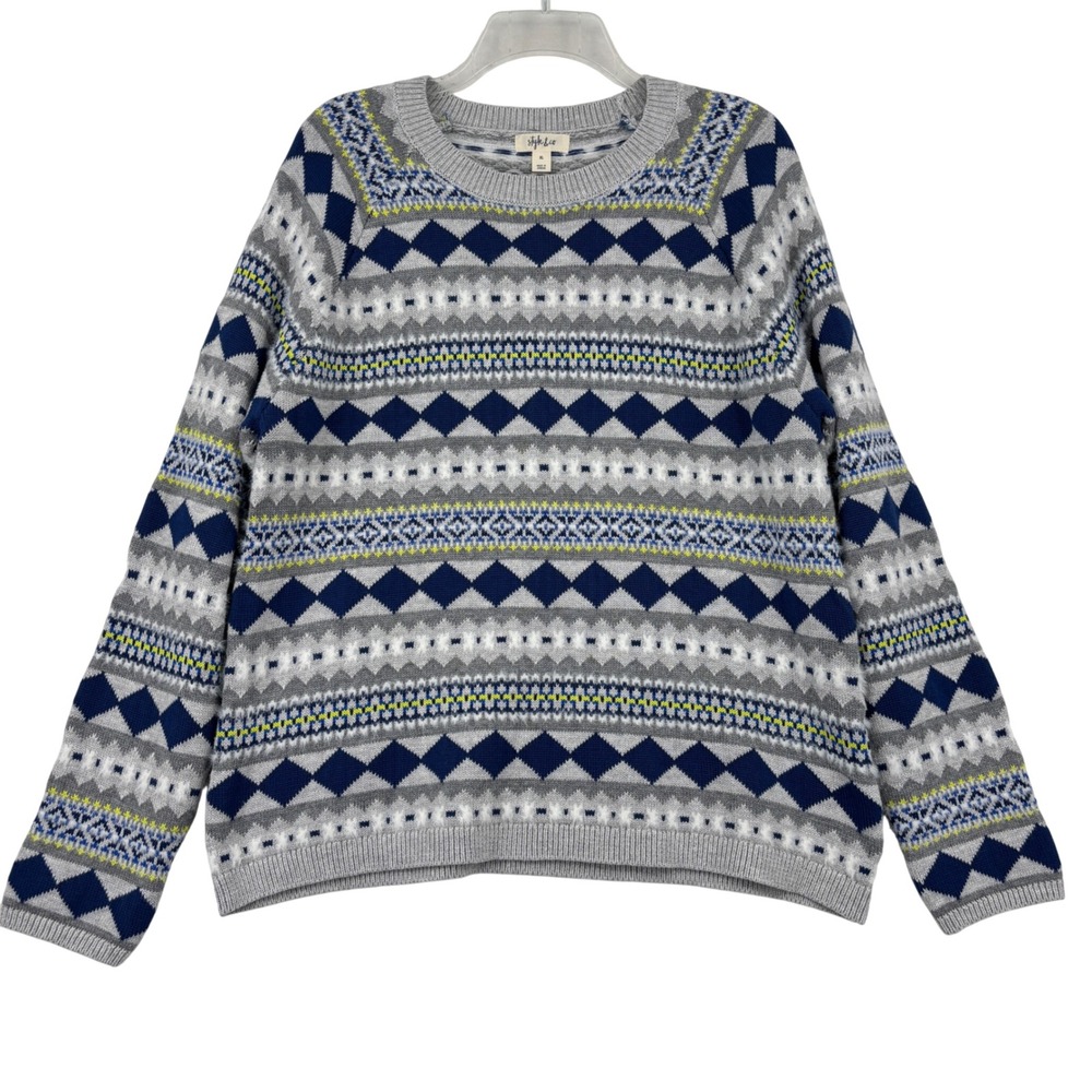 Style & Co Sweater Size XL Grey Blue Fair Isle Crewneck Geometric Knit Pullover